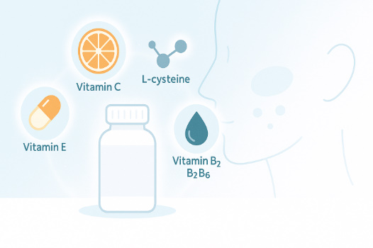 ルセリンホワイトNKBの成分イメージとして、ビタミンCやL-システイン、ビタミンE・B群が肌に働きかける様子